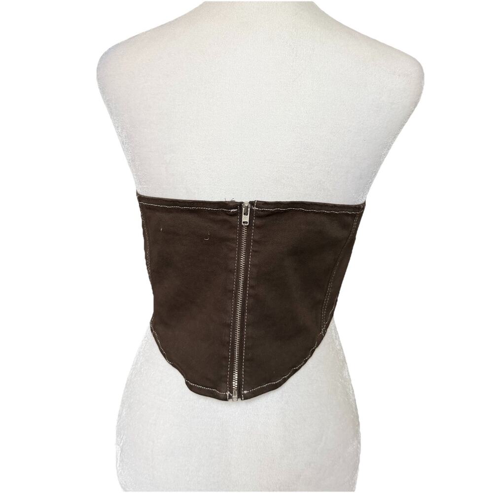 NA-KD Womens Size 38 Contrast Seam Corset Denim Top Dark Brown Cropped Blouse - Picture 5 of 7